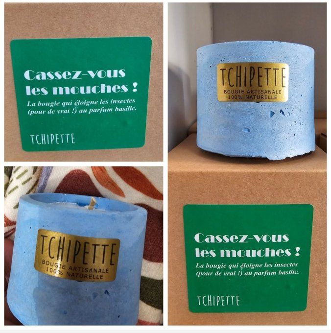 Bougie colorée "Cazsssez-vous les mouches" parfum basilic
